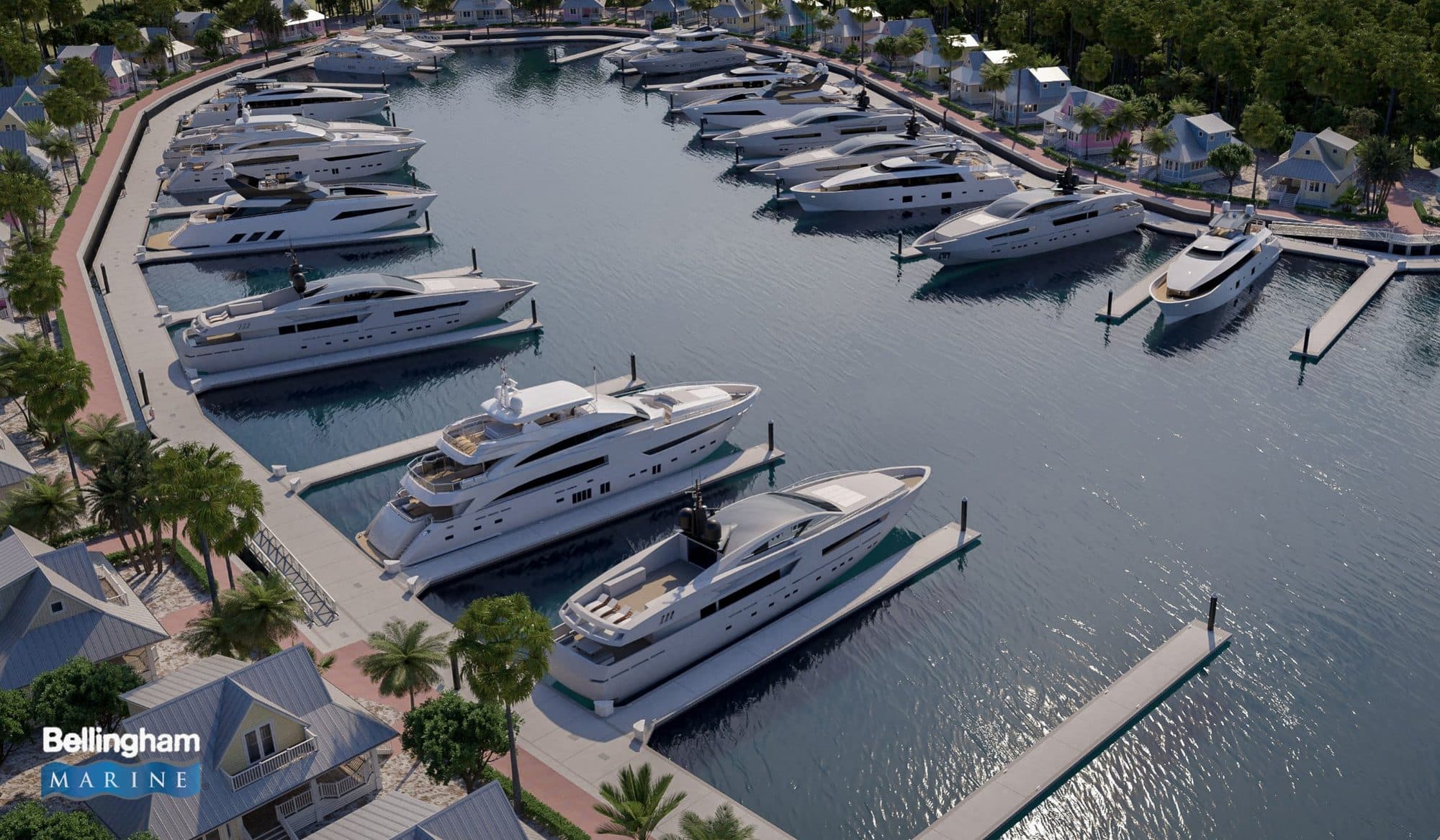Rendering of the expanded marina: large yachts berthed stern-to along floating docks, with cottages and palms on the waterfront behind