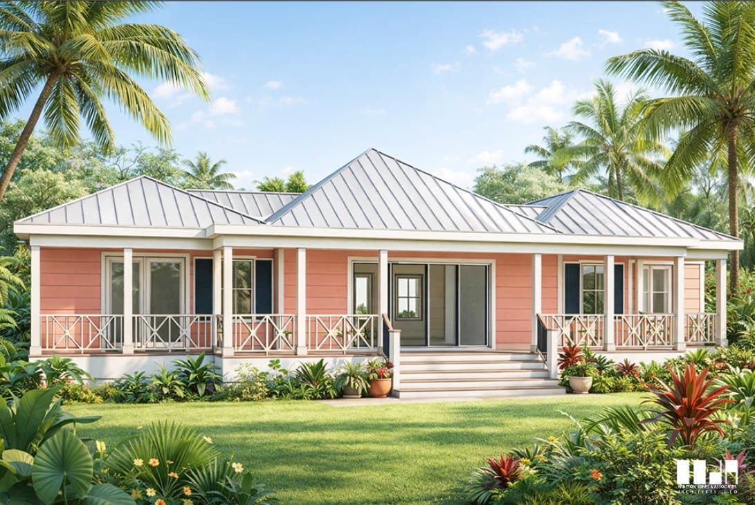 A single-storey coral-pink house with a standing-seam roof and a deep front porch, palms behind.