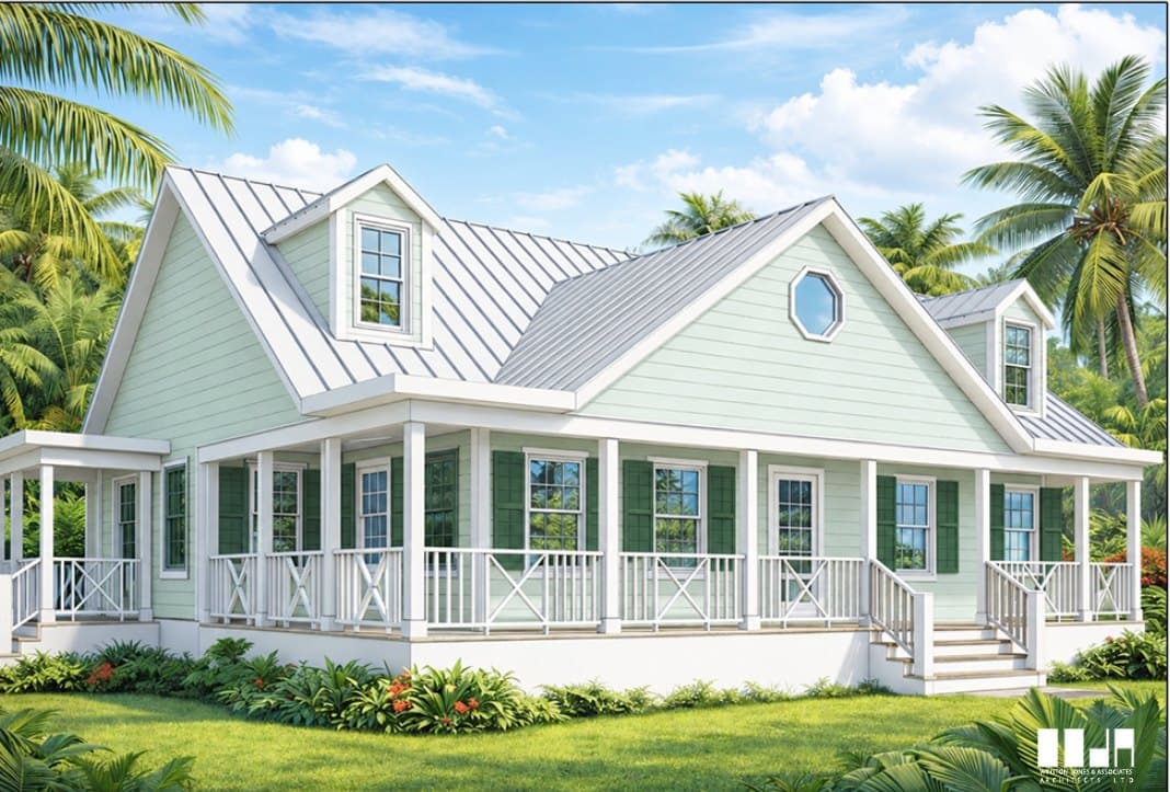 A pale-green house with a steep gabled roof, dormer window and a white-railed verandah wrapping the front and side.