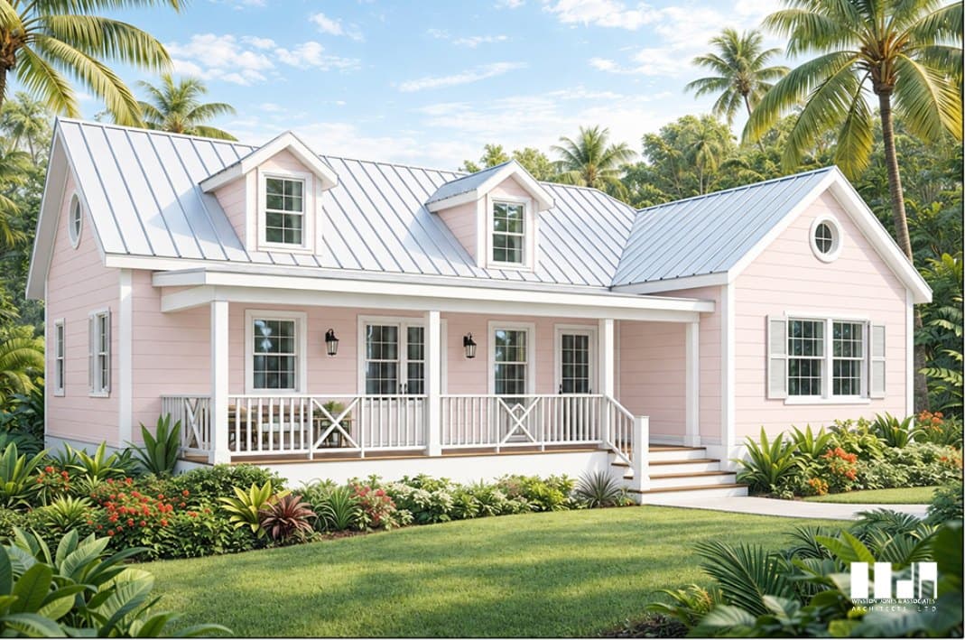 A pink house with a standing-seam roof, two dormers and a white-railed front porch, set in lawn and palms.