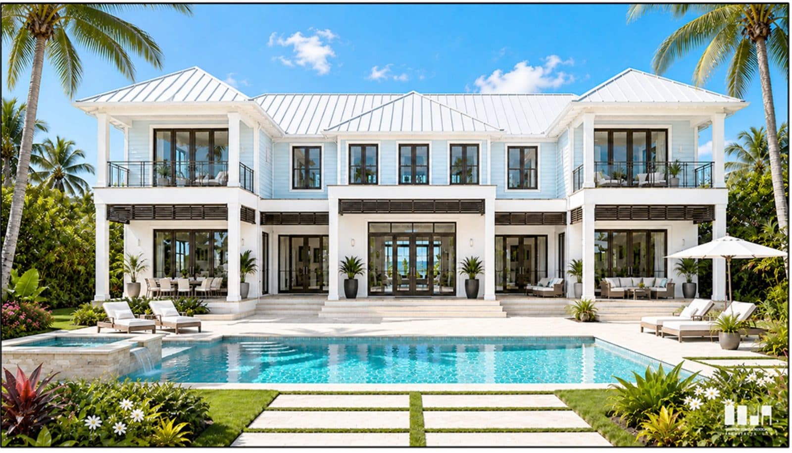 A two-storey white house with a standing-seam roof, tall glass doors on both floors and balconies at each end, over a long pool with a spa and lawn.