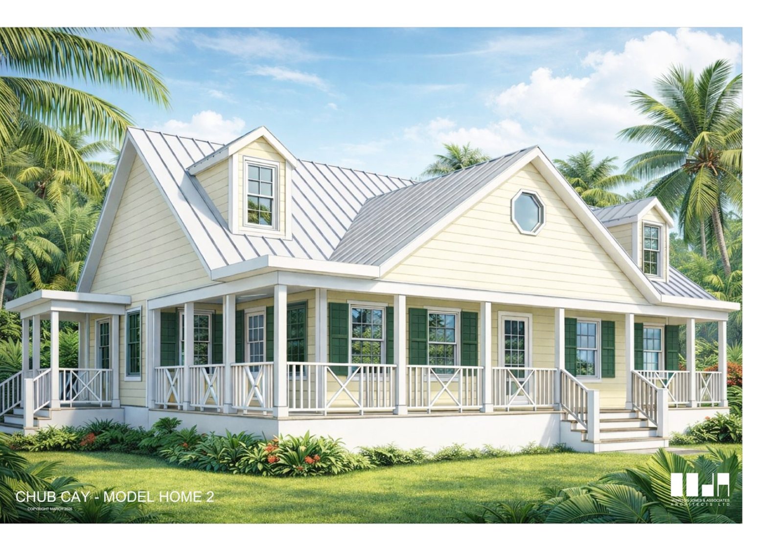 A pale-yellow house with a steep gabled roof, dormer window and a railed verandah wrapping the front and side.