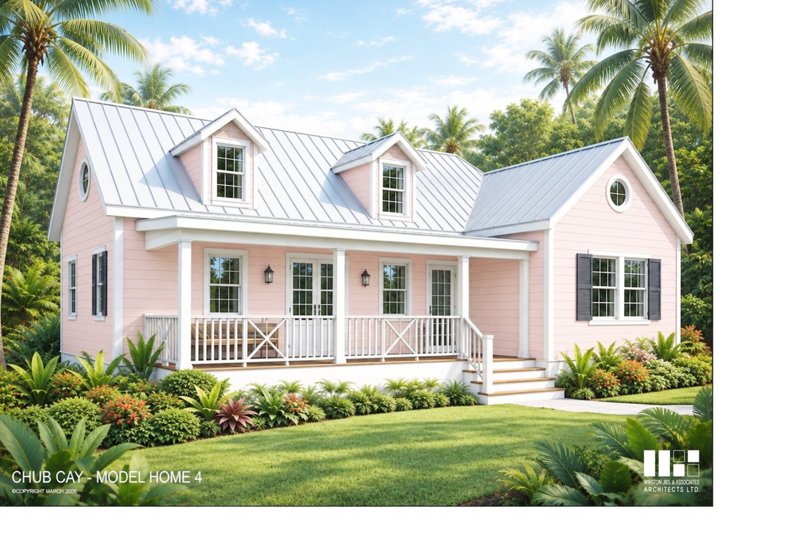 A pink house with a standing-seam roof, two dormers and a white-railed front porch, set in lawn and palms.