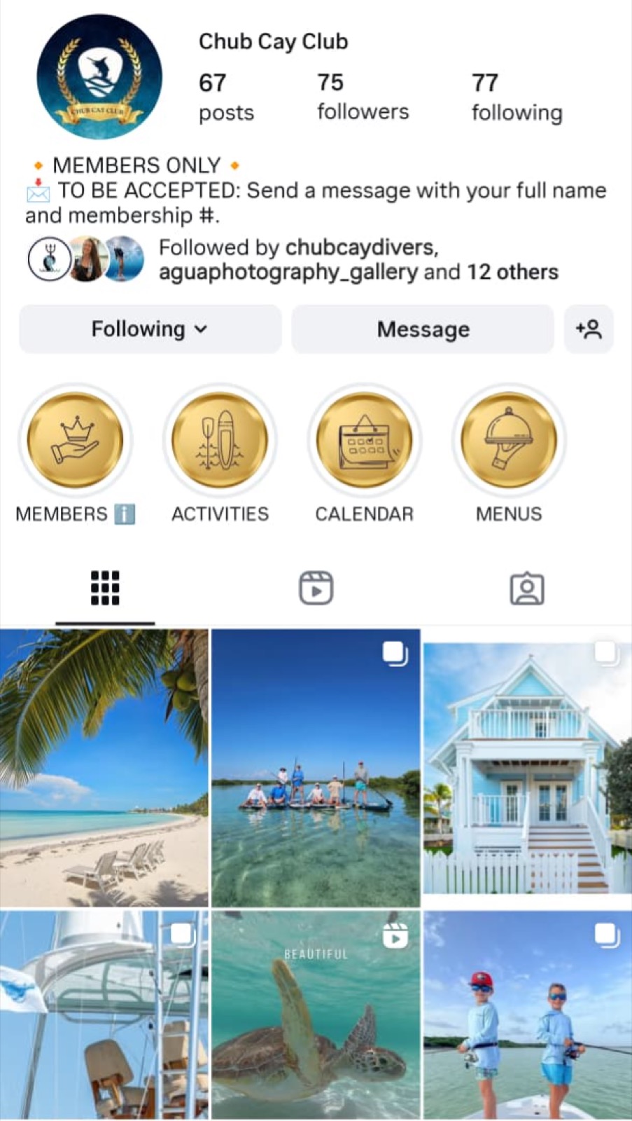 Screenshot of the members-only Chub Cay Club Instagram profile showing island, boating and wildlife posts