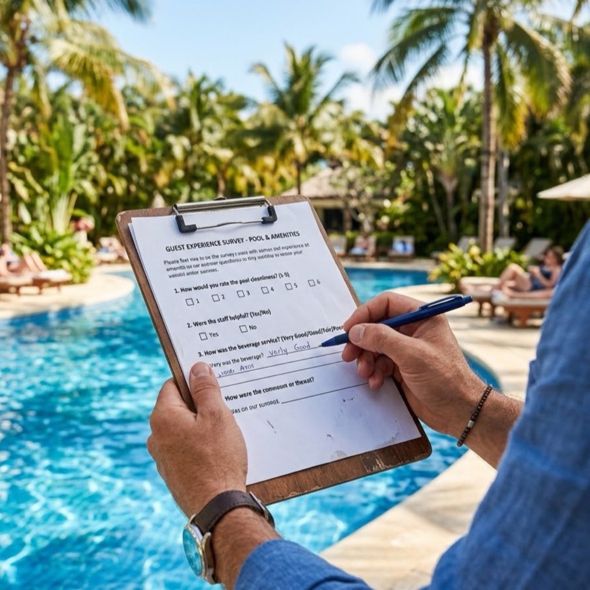 A guest filling out an experience survey on a clipboard beside the pool