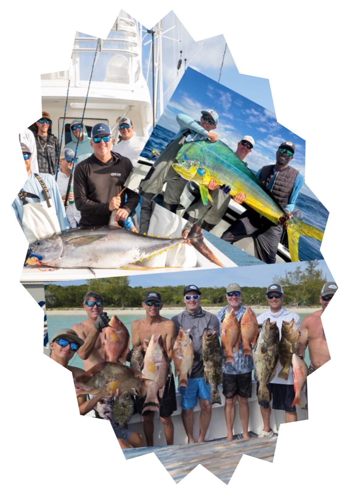 Collage of members aboard sportfishing boats with a large mahi-mahi, a yellowfin tuna, and a spread of speared snapper, hogfish, and grouper