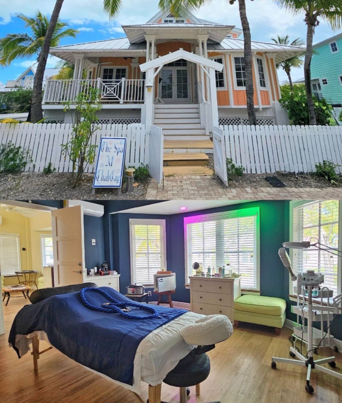 The Spa at Chub Cay building exterior and a treatment room with massage table