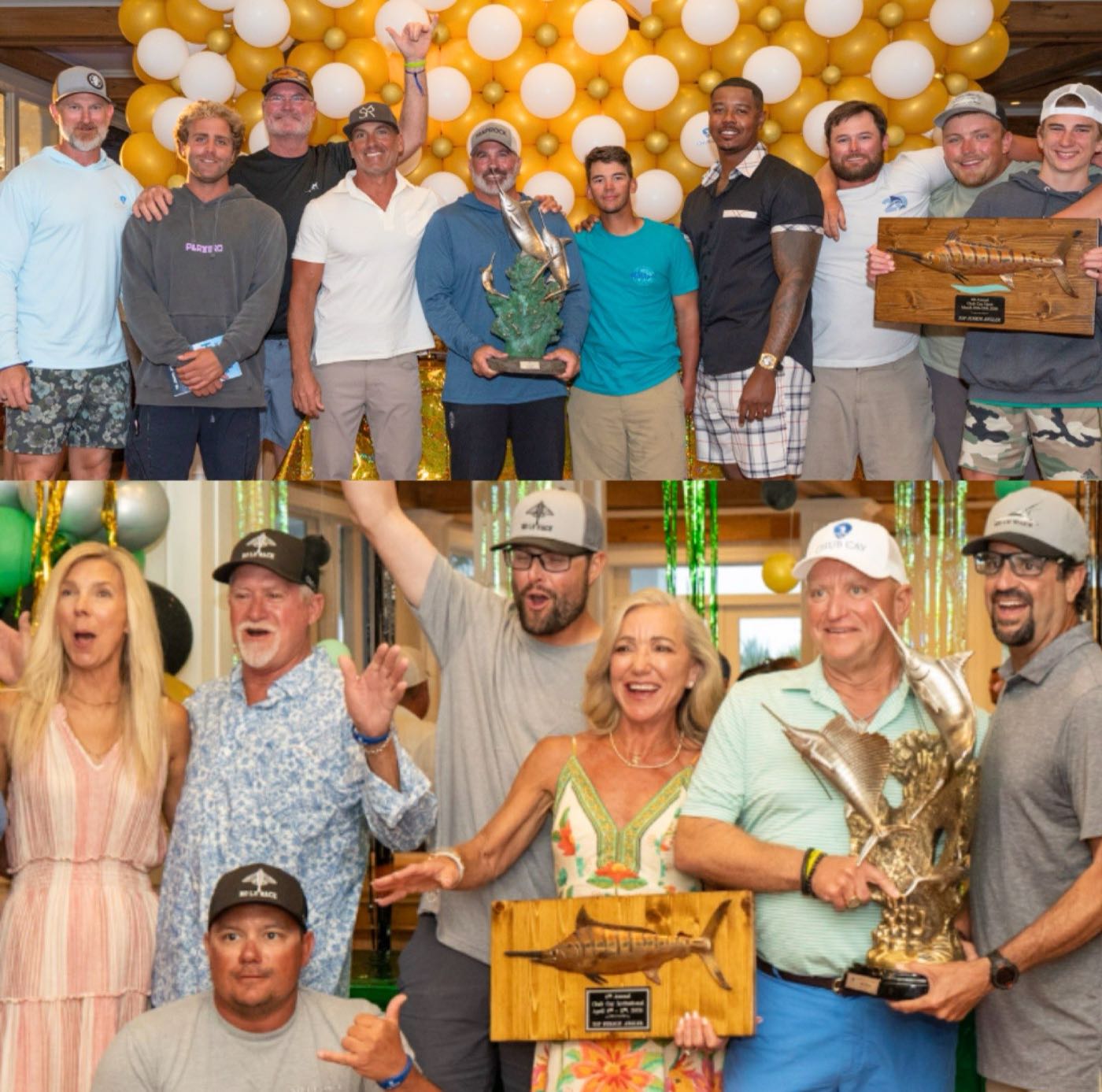Tournament winners celebrating in the clubhouse with marlin trophies in front of gold and white balloons