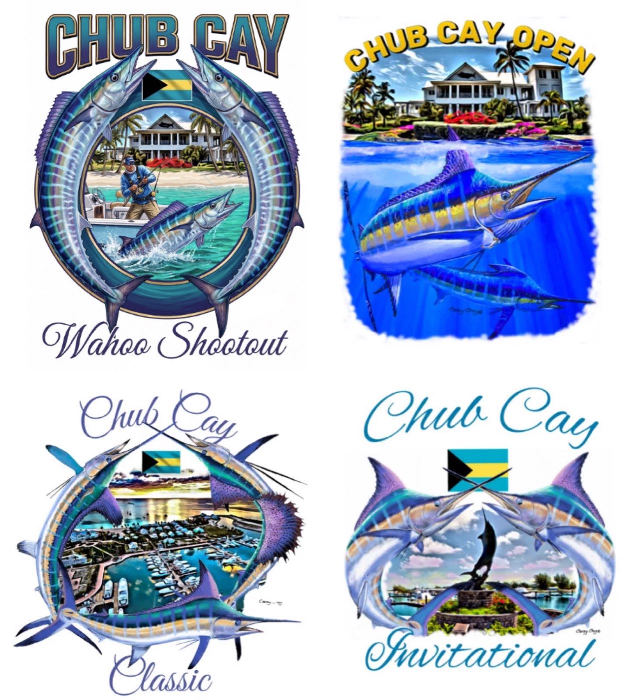 Artwork for the four 2027 tournaments: Wahoo Shootout, Chub Cay Open, Chub Cay Classic, and Chub Cay Invitational