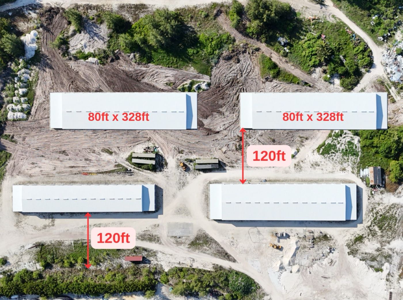 Mock-up aerial view of the new boat storage units, two 80ft by 328ft buildings spaced 120ft apart north of the existing units