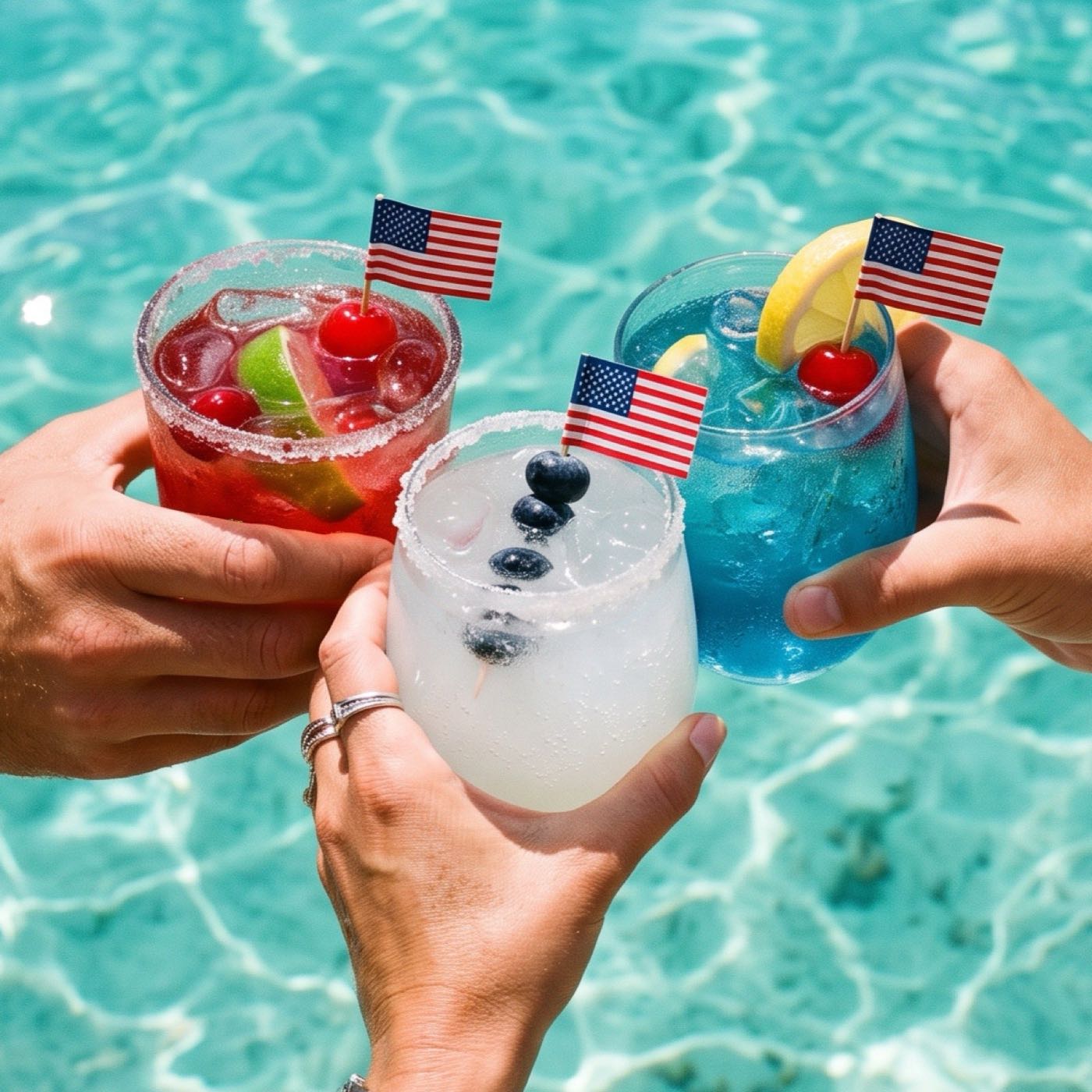Three red, white, and blue cocktails with American flag picks held over turquoise pool water