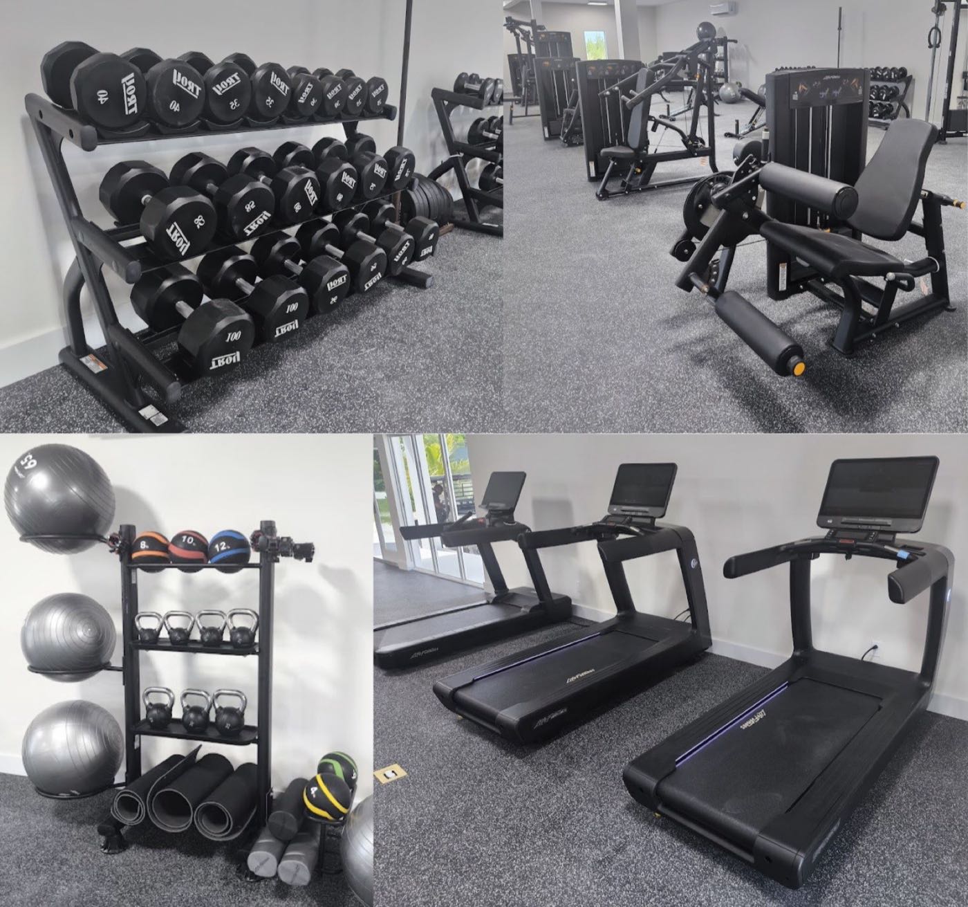 The new fitness center with dumbbell racks, strength machines, treadmills, and exercise balls