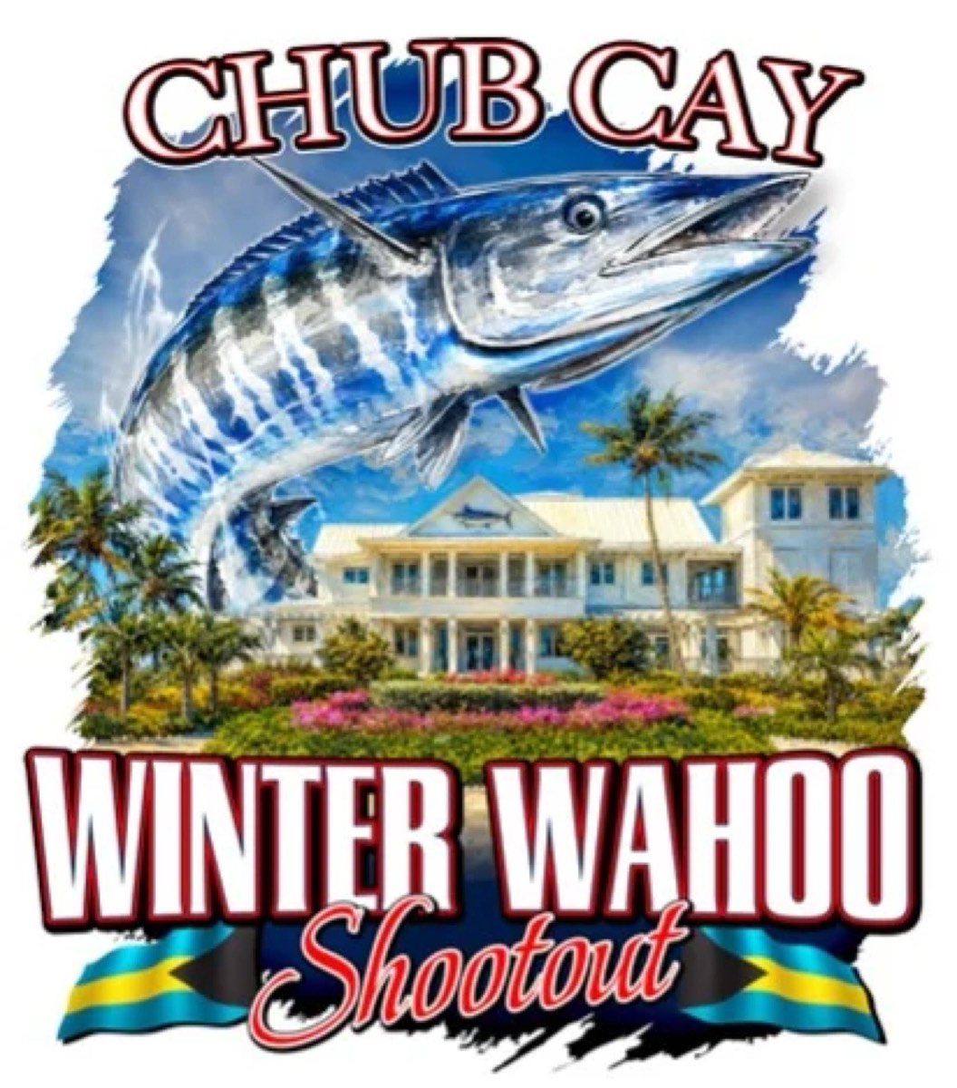 Chub Cay Winter Wahoo Shootout tournament artwork featuring a leaping wahoo over the clubhouse