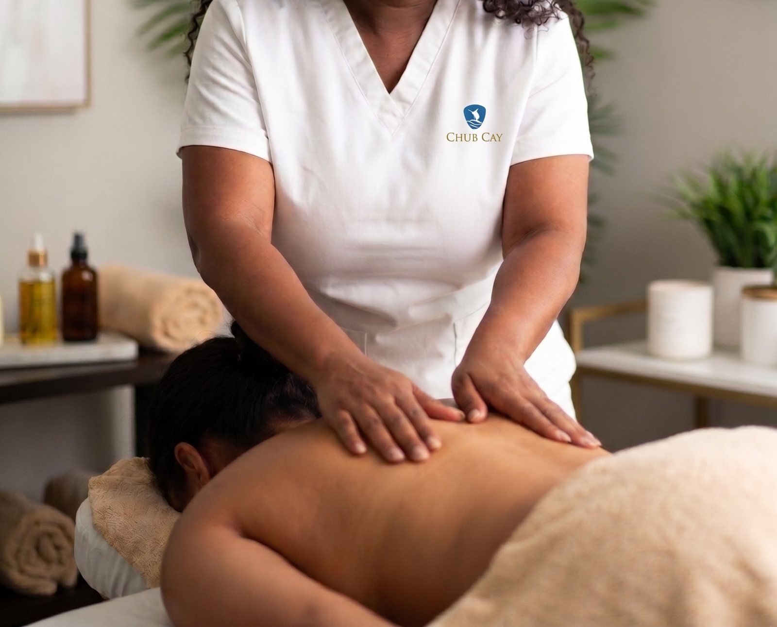 A Chub Cay spa therapist giving a massage